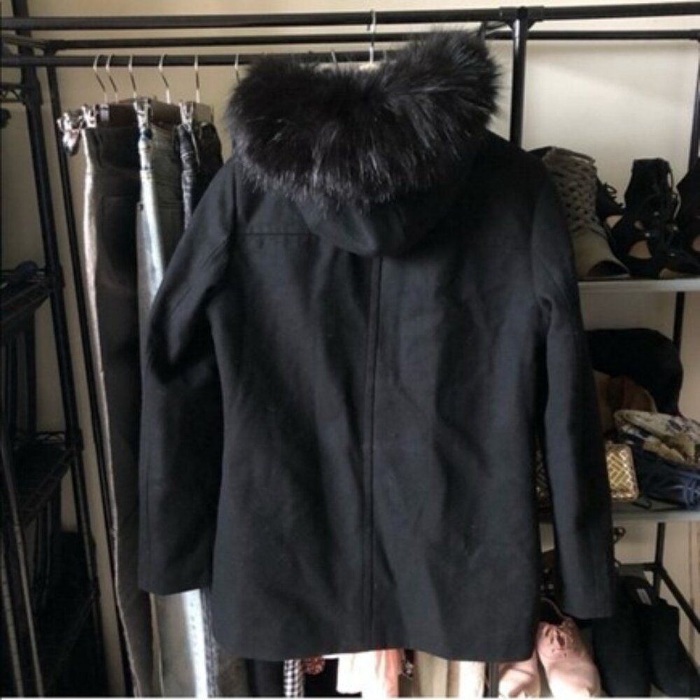 Calvin Klein Black Wool Blend Faux Fur Trim Coat With Faux Leather Front Pockets - Picture 4 of 4